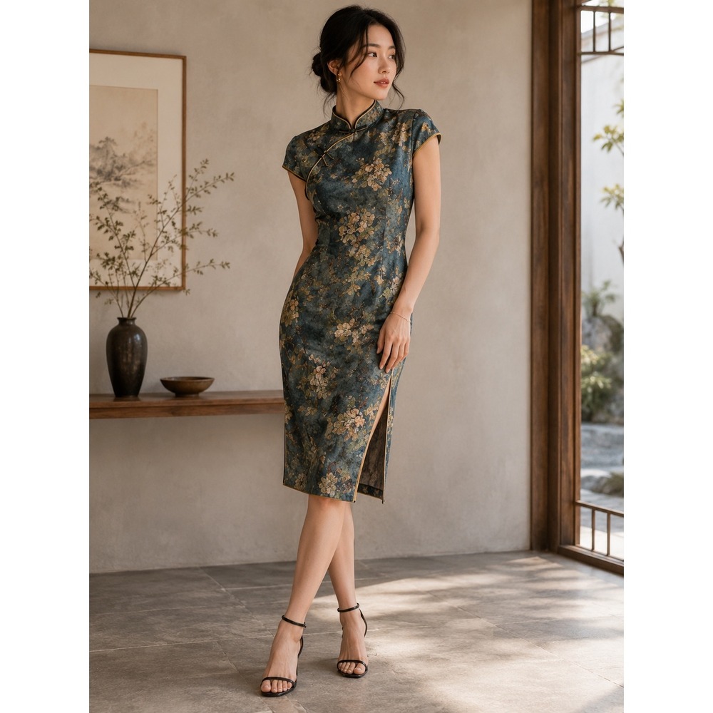 BITABLUE Teal Floral Cheongsam Qipao Dress Mandarin Collar Side Slit Size 2 XS